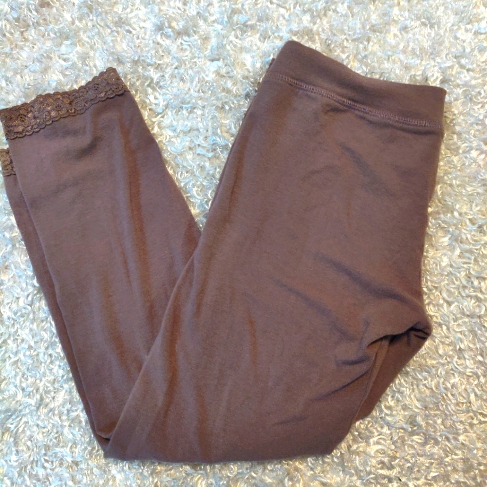 Women's Brown Lace Trim Footless Leggings Stretch Urban Behavior  NWOT